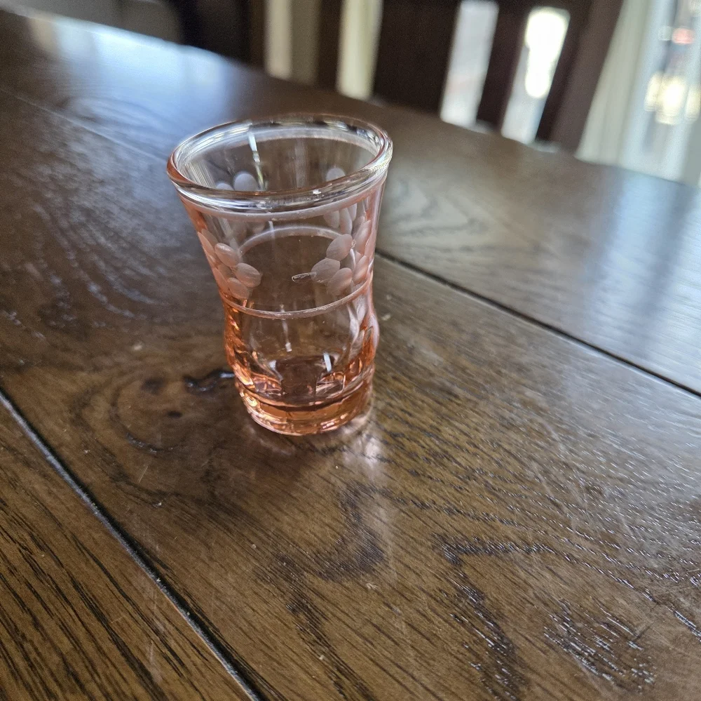 Vintage Pink Depression Shot Glass With Etched Flowers